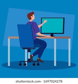 man working in telecommuting with desk and computer vector illustration design