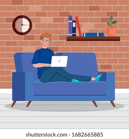 man working in telecommuting inside house vector illustration design