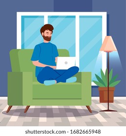 man working in telecommuting inside house vector illustration design