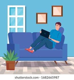 man working in telecommuting inside house vector illustration design