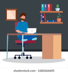 man working telecommuting inside house vector illustration design