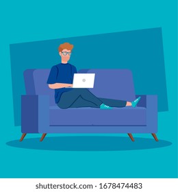 man working in telecommuting with laptop in couch vector illustration design