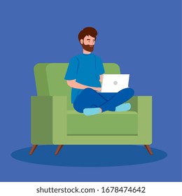hombre que trabaja en el teletrabajo con portátil en diseño de ilustración vectorial de sofá