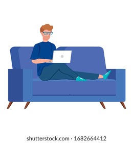 man working in telecommuting with laptop in couch vector illustration design