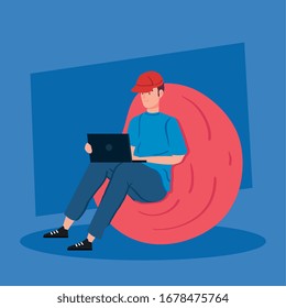 man working in telecommuting with laptop sitting in pouf soft vector illustration design