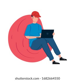 man working in telecommuting with laptop sitting in pouf soft vector illustration design