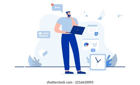 Man working and thinking - Person standing with laptop computer contemplating and doing work. Flat design cartoon vector illustration with white background