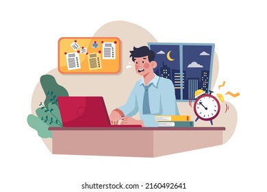 Man working till late hours Illustration concept. Flat illustration isolated on white background