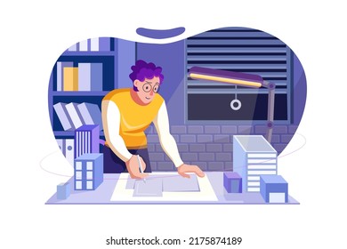 Hombre trabajando hasta altas horas de la madrugada Concepto de Ilustración. Ilustración plana aislada en fondo blanco