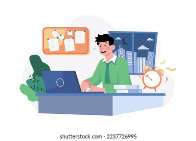 Man Working Till Late Hours Illustration concept. A flat illustration isolated on white background
