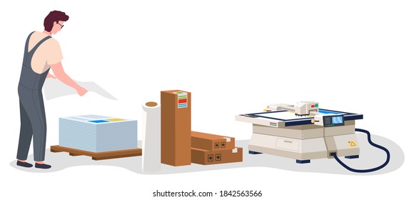 Man working in typography at print to printer. employee character, electronic photocopier device, paint service. Vector illustration print house worker stacks printed sheets of paper isolated on white