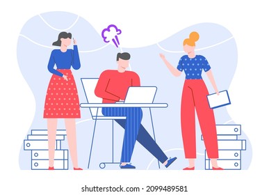 Man working under presure and control of boss. Vector pressure work and control from boss illustration