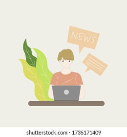 man working use laptop working at home or office and checking news or comunicate with other. Hand draw thin line style. Vector illustration.
