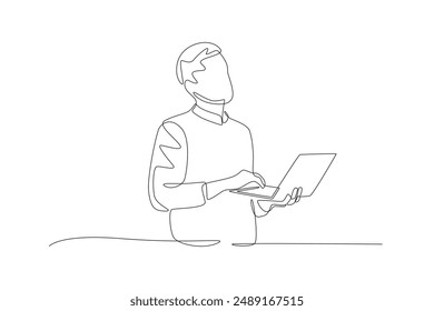 Man working using laptop. Digital technology concept one-line drawing