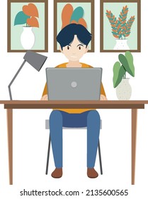 A man working using laptop flat design illustration