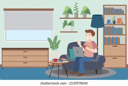 A man working using laptop flat design at home illustration