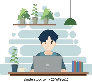 A man working using laptop flat design illustration