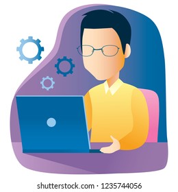 Man working using laptop on desk programming code