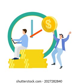 A man working using laptop on money, the other man dancing holding money with happiness, with clock background, work around the clock