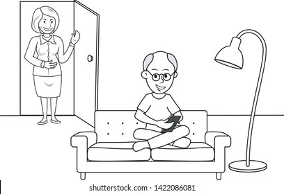 Man working using mobile phone sitting on sofa lamp woman behind