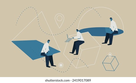 The man working in various environments. There are dome-shaped, triangular, and cubic spaces.