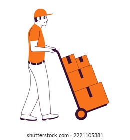 Hombre trabajando en un almacén con cajas. Logística y entrega. Trabajador empujando un camión de mano. Courier lleva un carro con caja. Postman con uniforme.