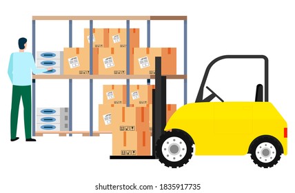 El hombre que trabaja en un almacén pone cajas en una repisa. Trabajador de la empresa logística en la tienda. Mini coche con opción de carga. Contenedor masculino y de papel con información sobre los detalles de la entrega. Vector en ilustración de estilo plano