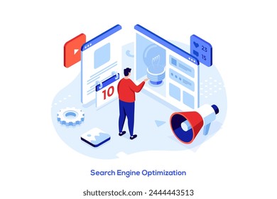 Man working with web sites content. Digital marketing technology. Search engine optimization concept isometric vector illustration. Content quality maintaining cartoon character colour composition