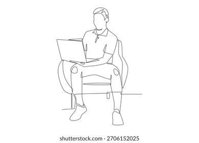 Homem trabalhando sentado no sofá. Trabalhando a partir do conceito de sofá desenho de uma linha