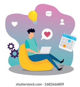 man working in workplace with computer and icons vector illustration design