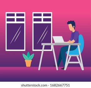 man working in workplace with computer and icons vector illustration design