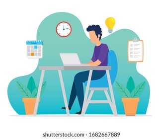 man working in workplace with computer and icons vector illustration design