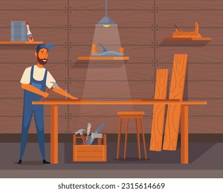 Hombre trabajando en un taller con una mesa de madera y una repisa con una botella de líquido