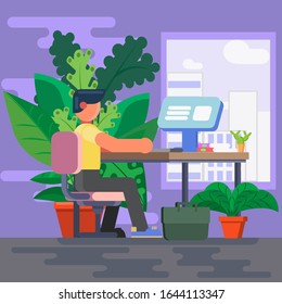 Un hombre que trabaja en el área de trabajo Decorado con vector plano de planta,ilustración vectorial