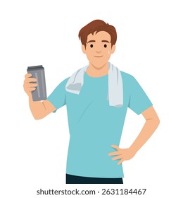 Homem em traje de treino faz uma pausa refrescante, segurando uma garrafa de água e usando uma toalha. Ilustração de vetor plano isolada no plano de fundo branco