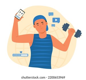 Man Workout with Dumbell by Online Fitness Training on Smartphone Concept Illustration
