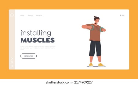 Man Workout with Expander in Gym Landing Page Template. Happy Sportsman Powerlifter Character Training Arms. Bodybuilding Exercises, Sport Activity, Healthy Life. Cartoon People Vector Illustration