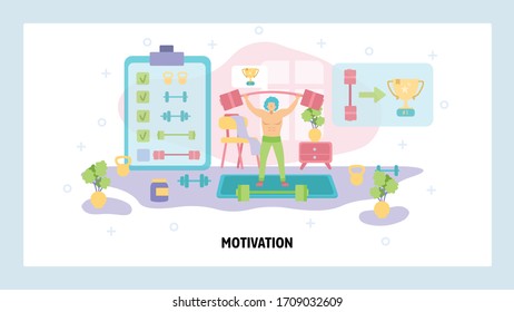 Man workout in a gym and do weights lifting. Sport fitness center, exercise, muscle. Healthy lifestyle. Training at home. Vector web site design template. Landing page website illustration.