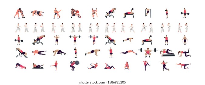 Man workout illustration set, gym, karate, wrestling illustration set