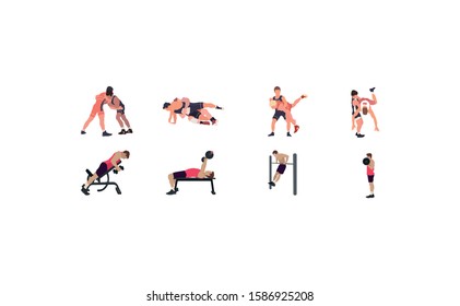 Man workout illustration set, gym, karate, wrestling illustration set