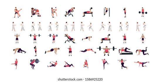 Man workout illustration set, gym, karate, wrestling illustration set