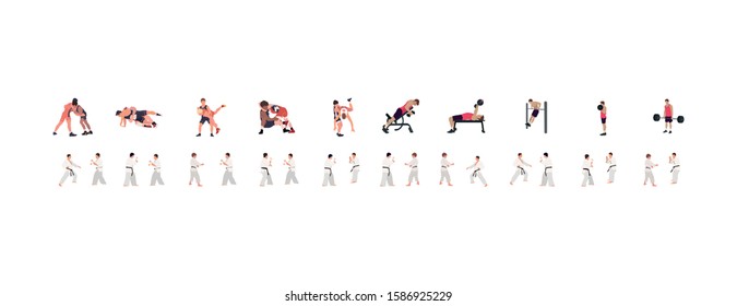 Man workout illustration set, gym, karate, wrestling illustration set