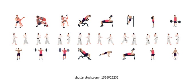 Man workout illustration set, gym, karate, wrestling illustration set