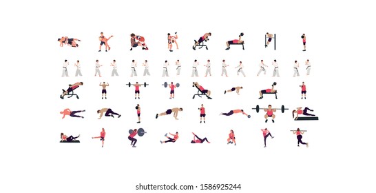 Man workout illustration set, gym, karate, wrestling illustration set