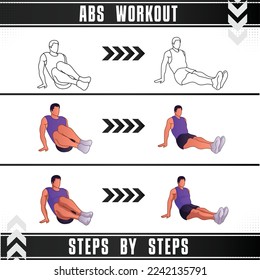 Man Workout Set. Man doing fitness, abs and yoga exercises. Lunges, Pushups, Squats, Dumbbell rows, Burpees, Side planks, Situ ps, Glute bridge, Leg Raise, Russian Twist, Side Crunch .etc