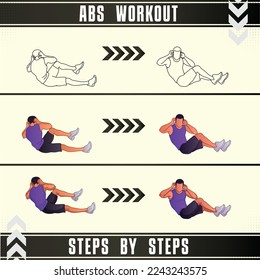 Man Workout Set. Man doing fitness, abs and yoga exercises. Lunges, Pushups, Squats, Dumbbell rows, Burpees, Side planks, Situ ps, Glute bridge, Leg Raise, Russian Twist, Side Crunch .etc