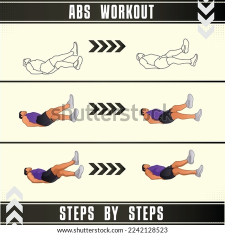 Man Workout Set. Man doing fitness, abs and yoga exercises. Lunges, Pushups, Squats, Dumbbell rows, Burpees, Side planks, Situ ps, Glute bridge, Leg Raise, Russian Twist, Side Crunch .etc