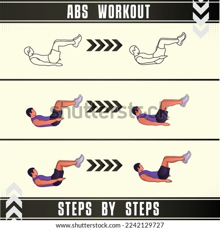 Man Workout Set. Man doing fitness, abs and yoga exercises. Lunges, Pushups, Squats, Dumbbell rows, Burpees, Side planks, Situ ps, Glute bridge, Leg Raise, Russian Twist, Side Crunch .etc