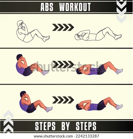 Man Workout Set. Man doing fitness, abs and yoga exercises. Lunges, Pushups, Squats, Dumbbell rows, Burpees, Side planks, Situ ps, Glute bridge, Leg Raise, Russian Twist, Side Crunch .etc