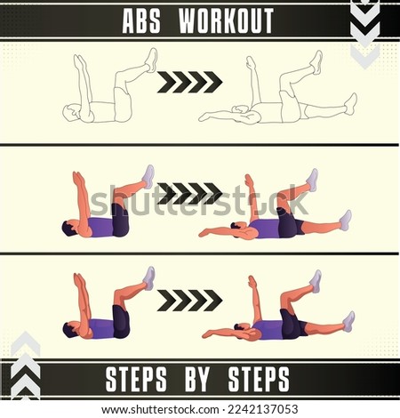 Man Workout Set. Man doing fitness, abs and yoga exercises. Lunges, Pushups, Squats, Dumbbell rows, Burpees, Side planks, Situ ps, Glute bridge, Leg Raise, Russian Twist, Side Crunch .etc